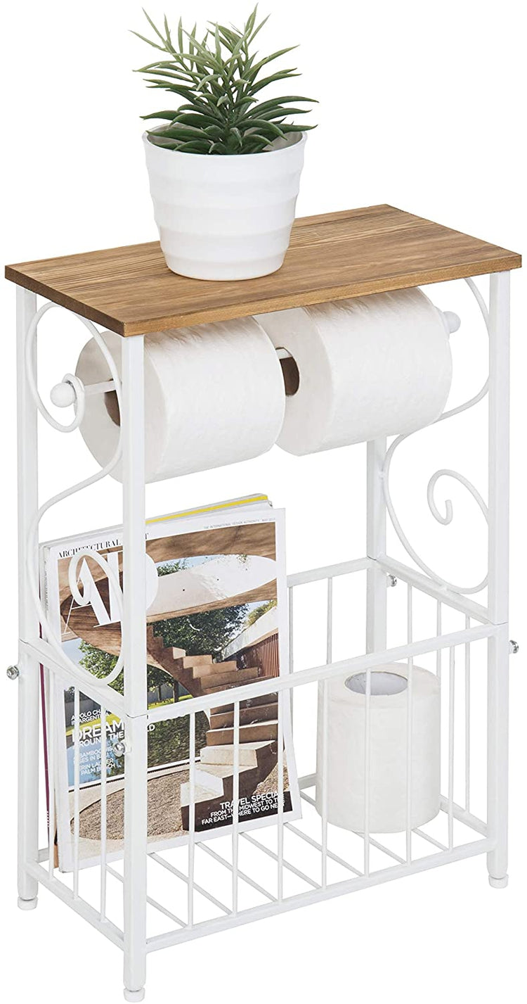 Brown Wood, White Metal Scroll Bathroom Storage Table with Toilet Paper Dispenser and Magazine Rack-MyGift