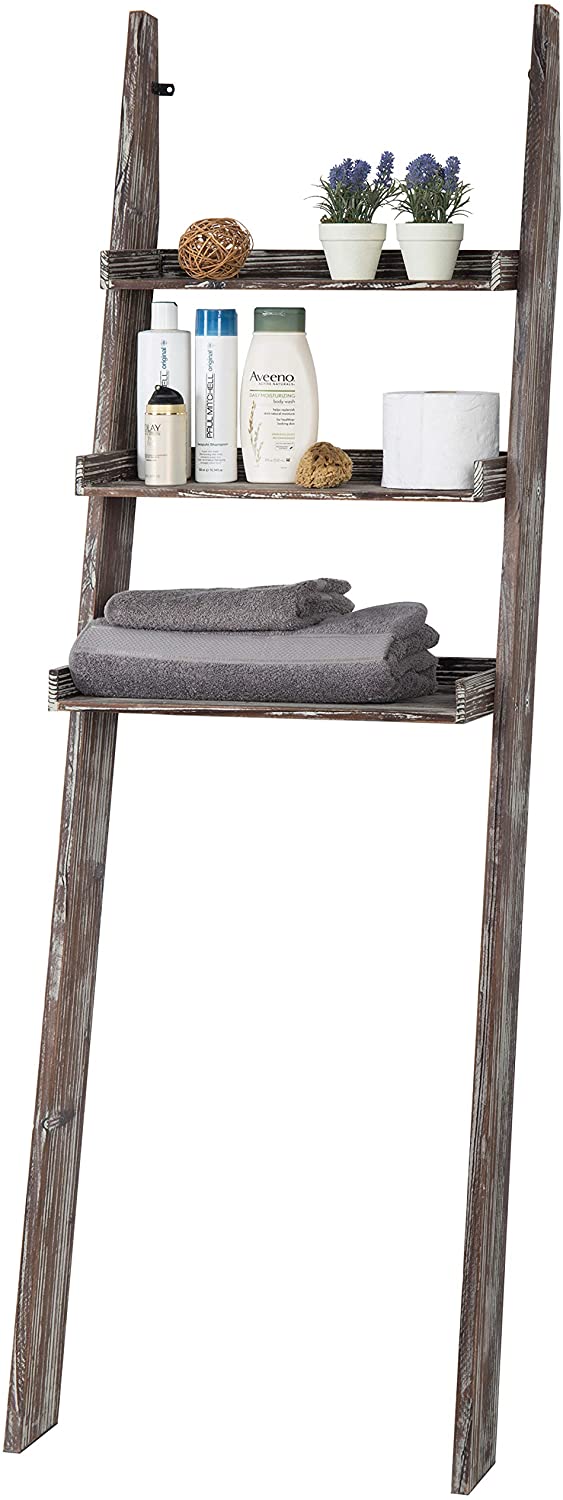 3-Tier Rustic Wood Over-The-Toilet Wall-Leaning Ladder Storage Shelves-MyGift