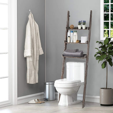 3-Tier Rustic Wood Over-The-Toilet Wall-Leaning Ladder Storage Shelves ...