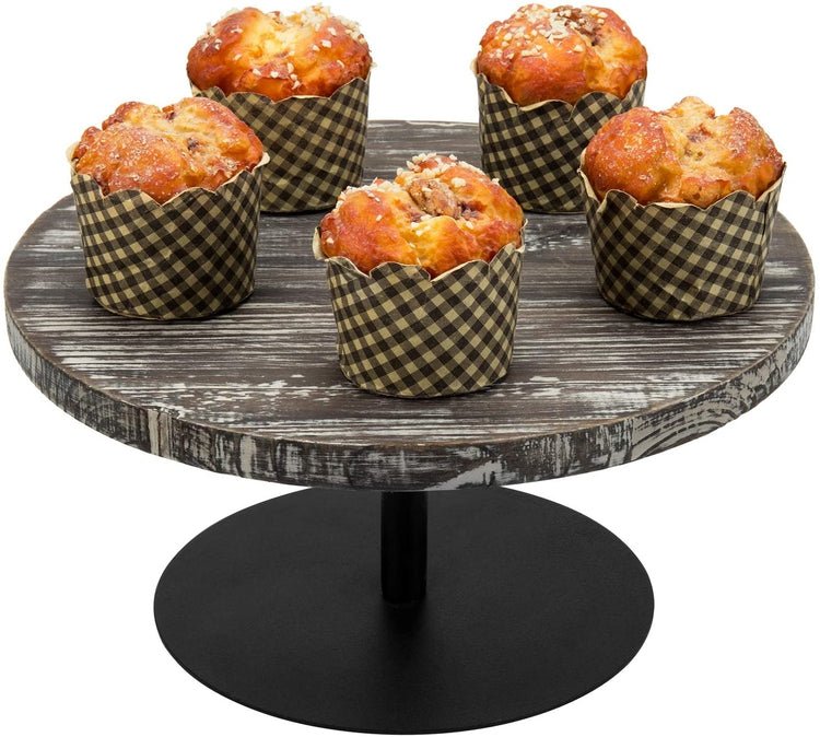 12-Inch Round Torched Wood and Black Metal Server Dessert, Cake Stand-MyGift