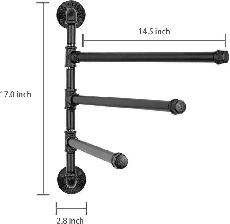 Black Wall-Mounted Industrial Pipe Design, 3-Arm Swivel Towel Bar Rack-MyGift