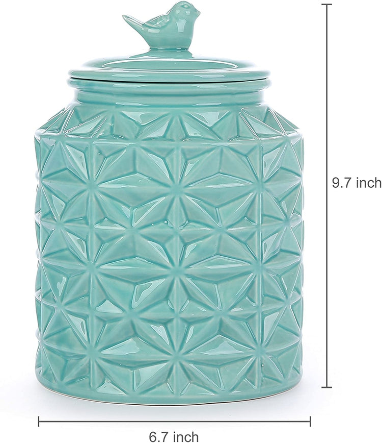 Turquoise Vintage Ceramic Kitchen Flour Canister, Cookie Jar with Star Design & Bird Topped Lid-MyGift