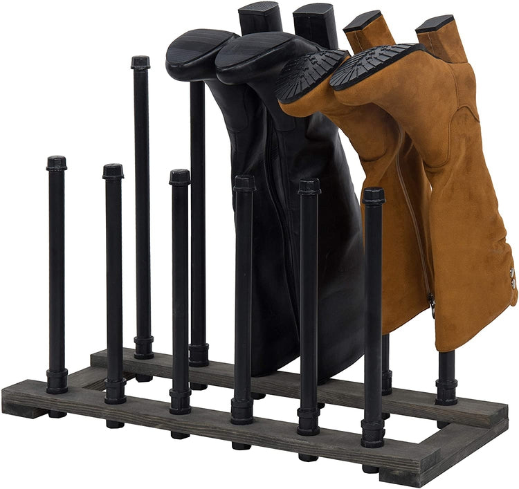 Black Metal Pipe & Grey Wood Freestanding Boot Holder, 6 Pair Shoe Storage Rack-MyGift