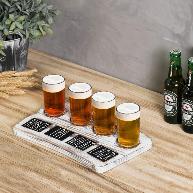 Beer Tasting Serving Set - Wood Paddle & 4 Glasses