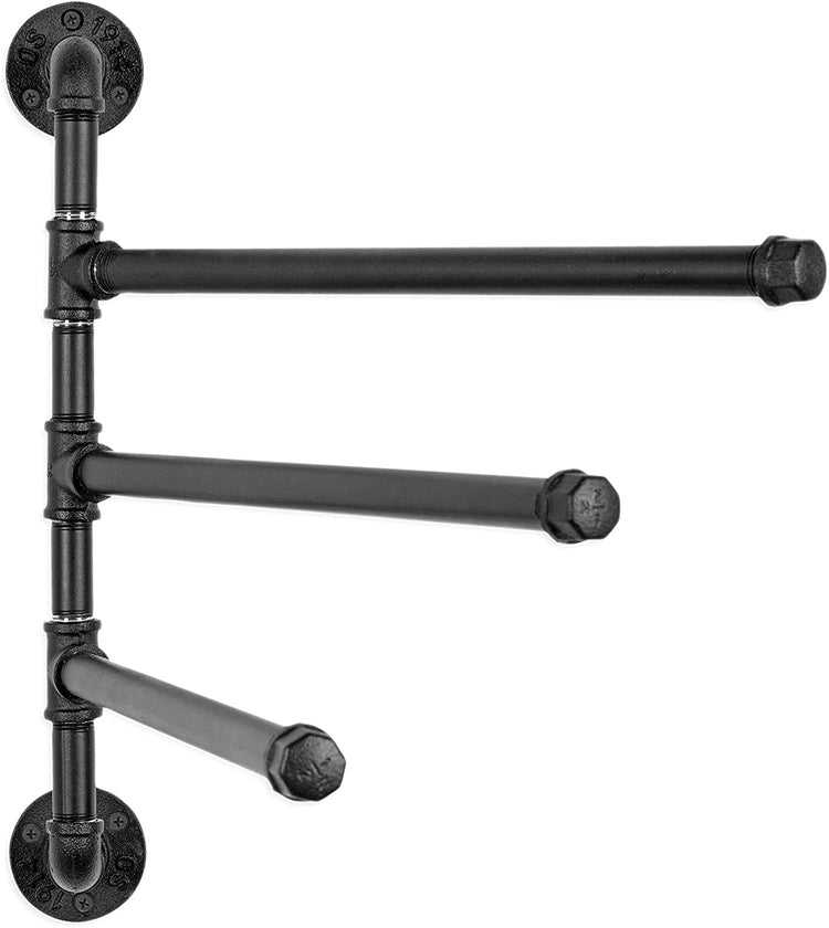 Black Wall-Mounted Industrial Pipe Design, 3-Arm Swivel Towel Bar Rack-MyGift