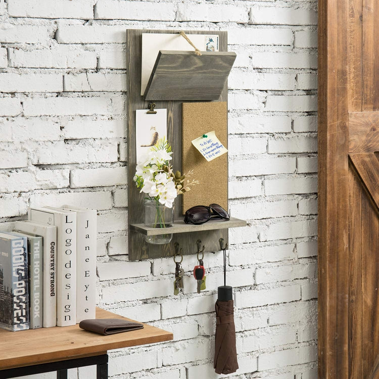 Vintage Gray Wood Wall Mounted Entryway Organizer with Mail Holder, Cork  Board, 3 Key Hooks and Glass Mason Jar Vase