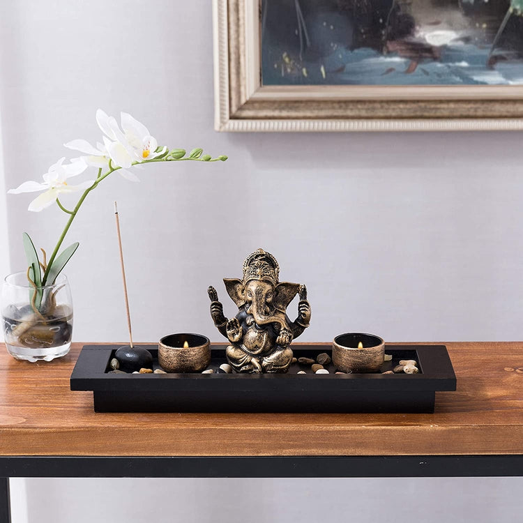 Ganesh Statue Incense Stick Burner Tray with Candle Holders-MyGift