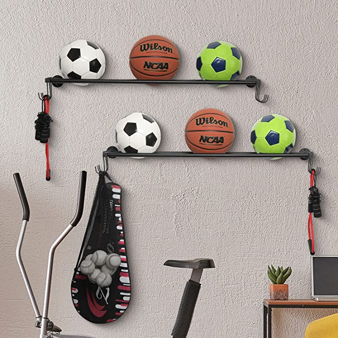 Wall Mounted Black Metal Sports Ball Holder with Hanging Hooks, Gym Wall Organizer Rack, Set of 2-MyGift