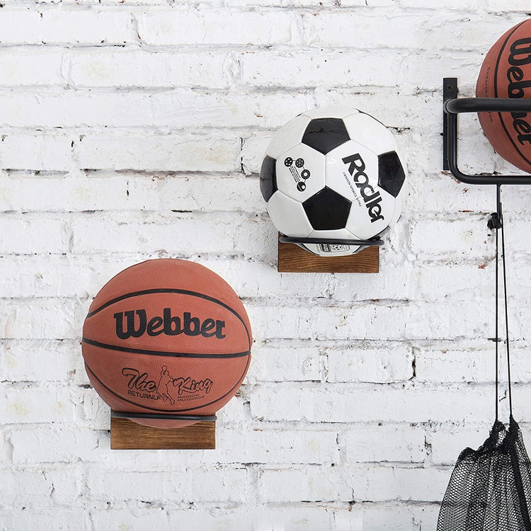 Set of 2, Wood & Metal Sport Ball Storage Rack & Wall-Mounted Sporting Equipment Display Holder-MyGift