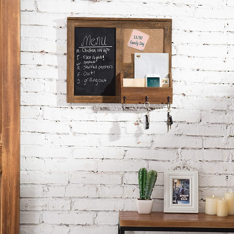 Vintage Brown Wall-Mounted Wood Chalkboard with Cork Board & Mail Holder-MyGift