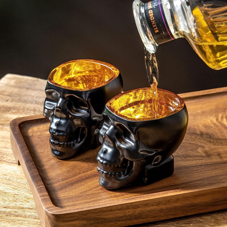 Set of 6, Skull Shaped Shot Glasses in Matte Black and Gold Tone, Spooky Halloween Skeleton Face Liquor Shooter Glass-MyGift