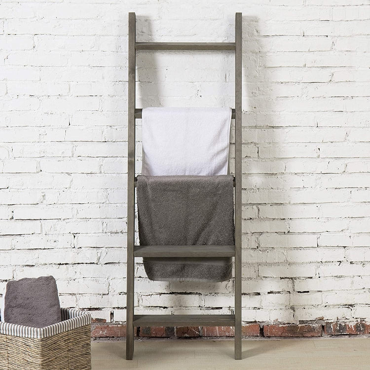 Grey Wood Blanket Rack 4.5 ft Ladder-Style Vintage Leaning Wall Style-MyGift