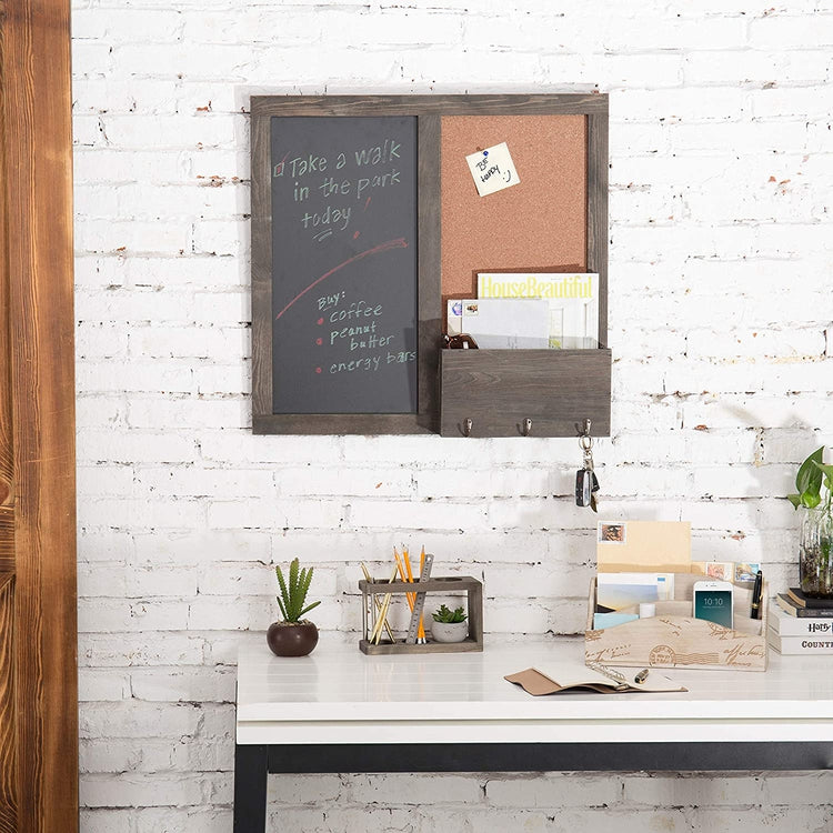 Wall Mounted Vintage Grey Wood Chalkboard and Cork Board Entryway Organizer-MyGift