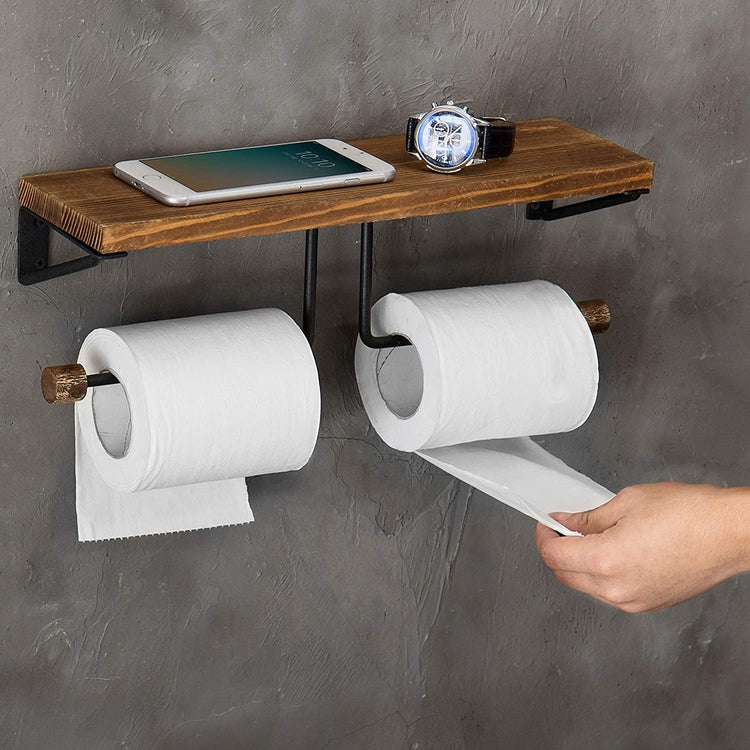 Black Metal Dual Toilet Paper Roll Holder with Gray Wood Storage