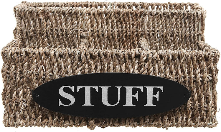 Beige Woven Seagrass Basket Organizer Shelf with 'STUFF' Letter