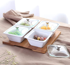 White Ceramic Condiment Snack Bowl Set with Glass Lids and Bamboo Serving  Tray