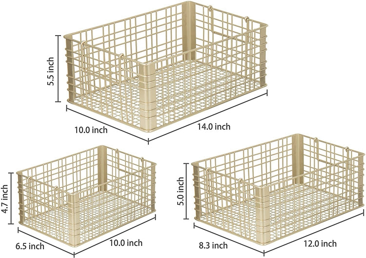 Set of 3 Metal Wire Gold Tone Nesting Storage Baskets with Handles-MyGift