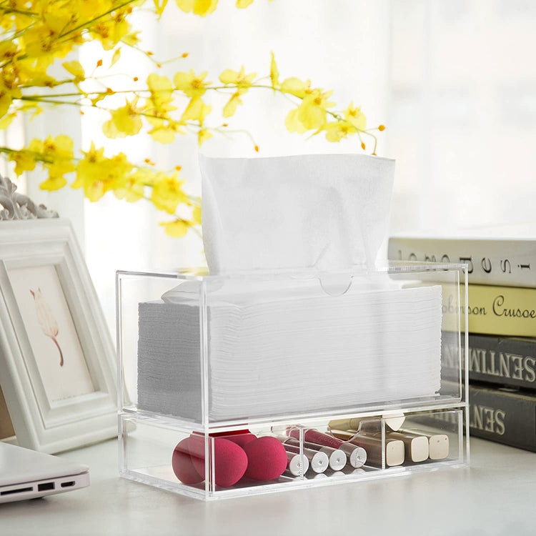 Clear Acrylic Countertop Makeup Organizer, Cosmetics Storage Drawer & Tissue Dispenser-MyGift