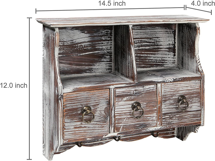 Torched Wood Wall-Mounted Organizer, Shelving Cabinet with Drawers and Metal Hooks-MyGift