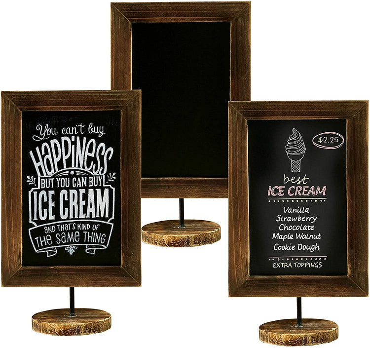 Burnt Wood Hanging Chalkboard Sign, Wall Mounted Framed Small Chalkboard with Decorative Black Metal Corner Brackets