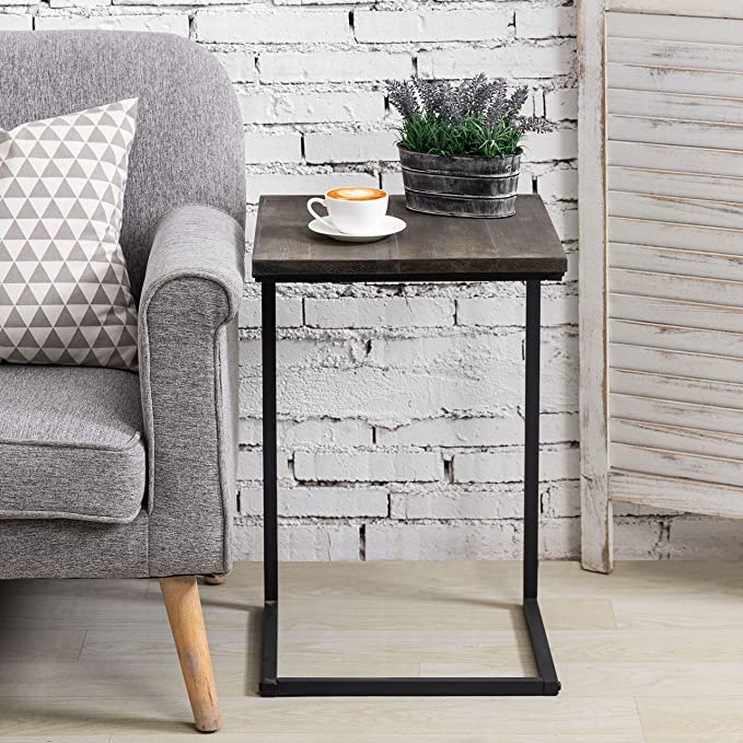 24-Inch Black Metal & Vintage Gray Wood Sliding End Table-MyGift