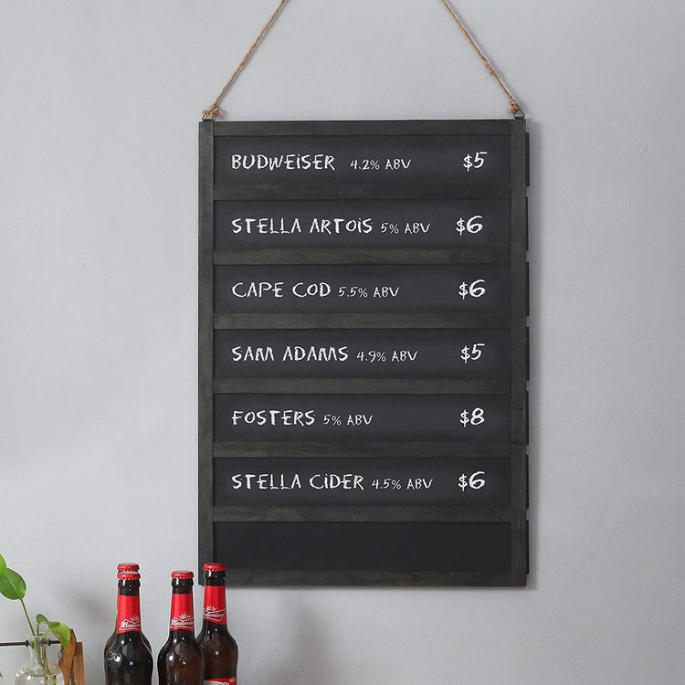 24-Inch Wall-Mounted Wood, 7 Slot Chalkboard Menu Sign with Removable Boards and Hanging Rope-MyGift