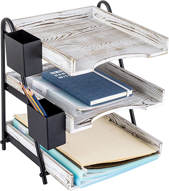 Gray Wood Desktop Paper Tray Document Organizer, Desk File Folder