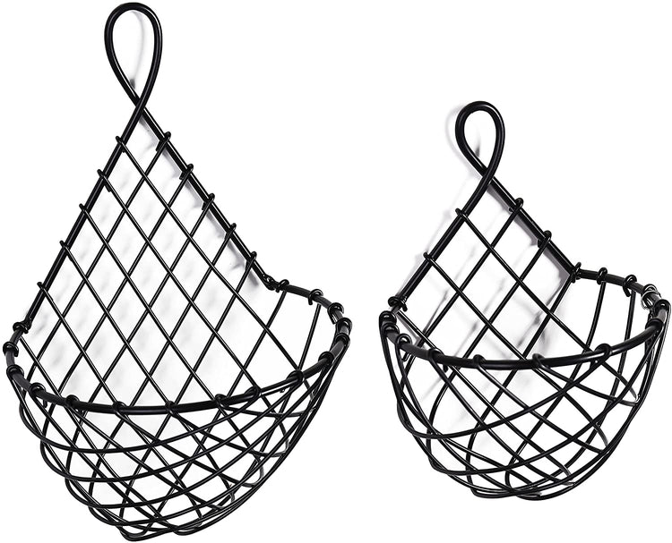 Wall Mounted or Tabletop Black Metal Wire and Burnt Wood Small Decorative Storage Baskets, Set of 2