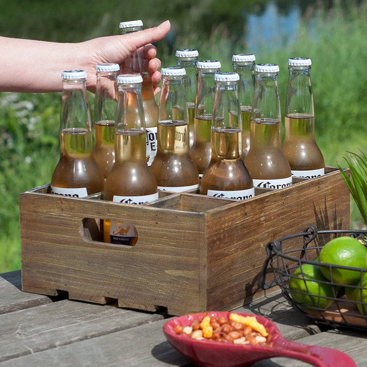 Rustic 12 Slot Beer Bottle Serving Crate, Brown Wood Beer Storage Box with Carrying Handles-MyGift