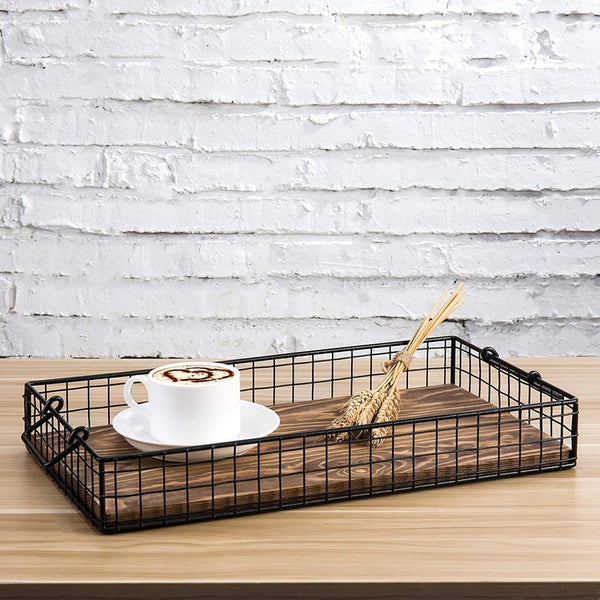 Rustic Black Metal Wire & Brown Wood Nesting Serving Trays with Handle ...