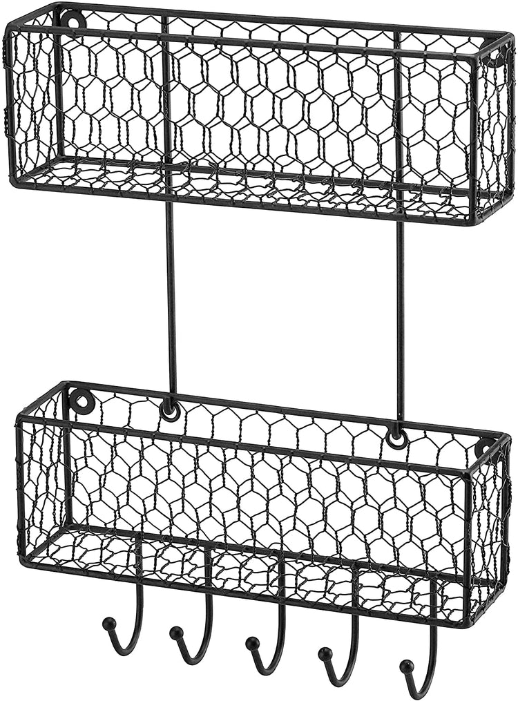 Ebun Wallry Black Metal Wire Hanging Storage Basket with Hooks, Set of 2