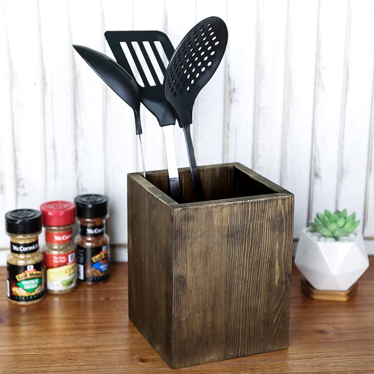 Coffee Brown Wood Kitchen Utensil Holder, Countertop Cooking Organizer-MyGift