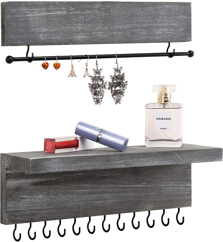 2-Piece Ash Gray Wood Jewelry Organizer with 12 Hooks, Wall Mounted Bracelet & Necklace Bar and Shelf-MyGift