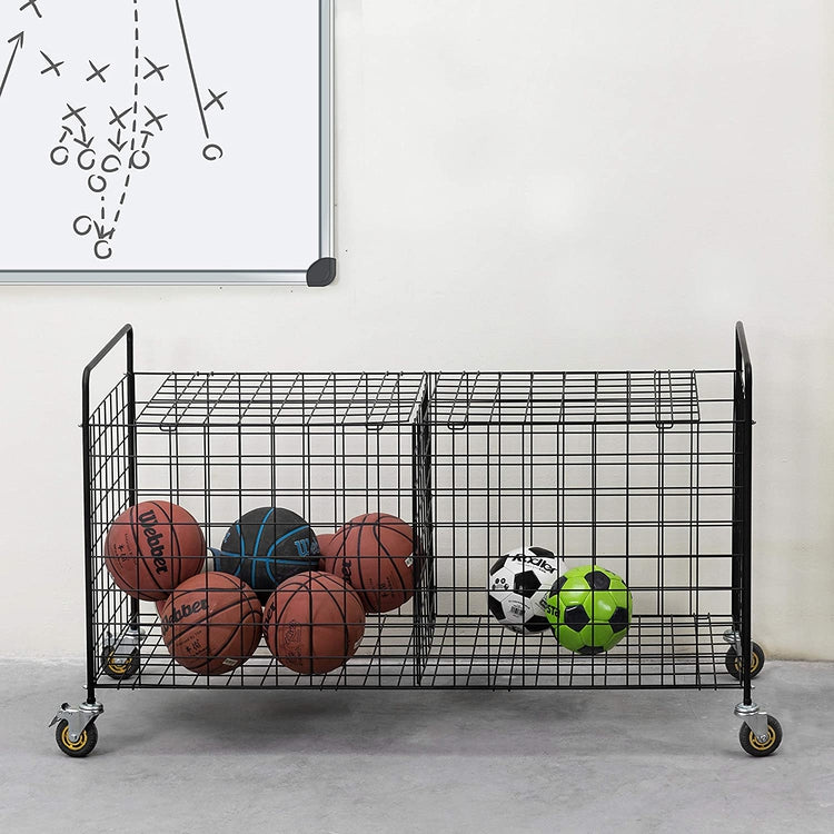 2-Compartment Black Metal Rolling Sports Ball & Gym Equipment Storage Cart-MyGift