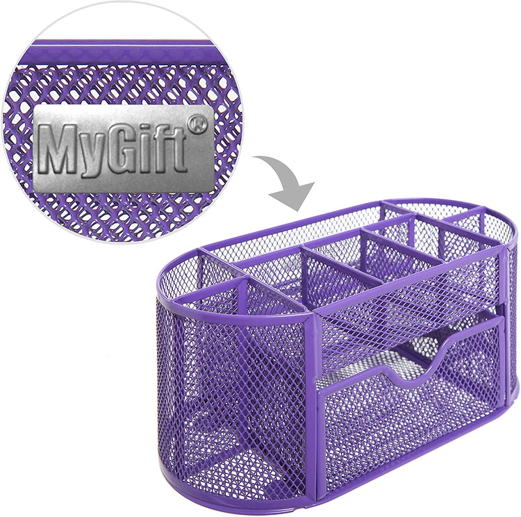 Purple Metal Wire, 8 Compartment Office Organizer, School Supply Caddy with Drawer-MyGift