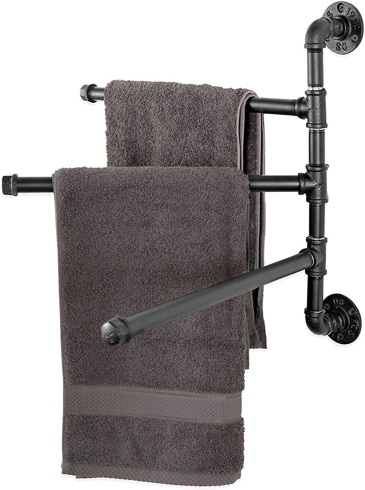 Black Wall-Mounted Industrial Pipe Design, 3-Arm Swivel Towel Bar Rack-MyGift