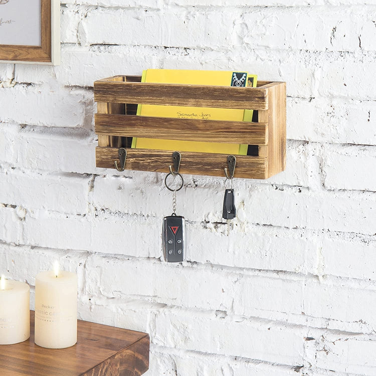 Rustic Wood Mail Sorter w/ 3 Key Ring Hooks, Wall Mounted Crate Style ...