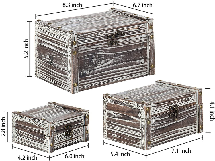 Set of 3, Rustic Torched Wood Nesting Storage Chests, Latching Boxes-MyGift