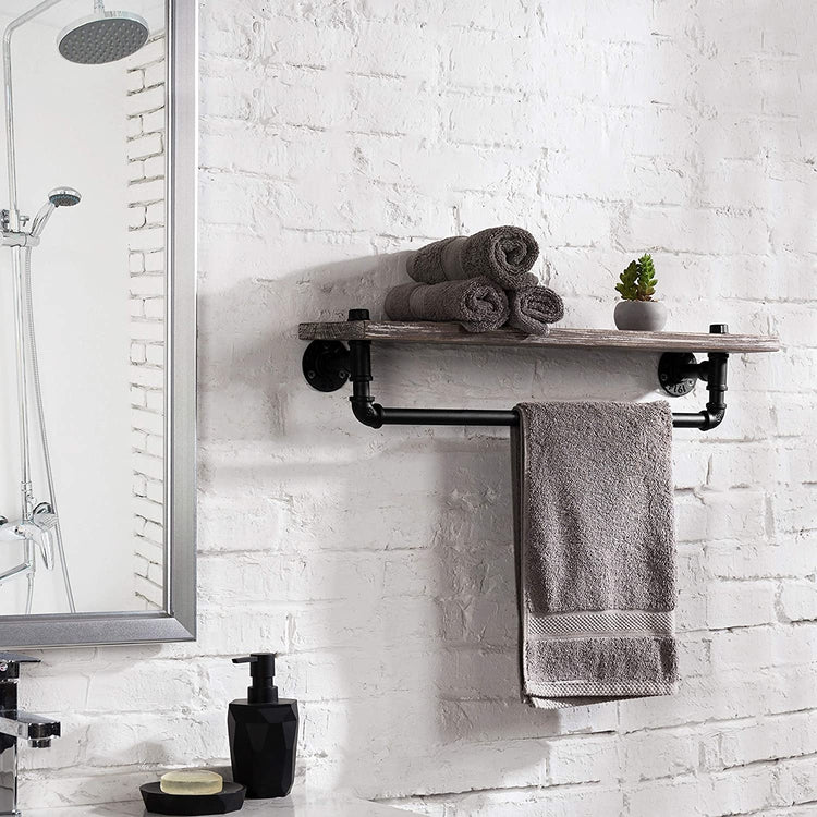 Wall Mounted Rustic Torched Wood Shelf and Industrial Pipe Towel Bar-MyGift