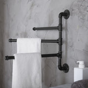 Black Wall-Mounted Industrial Pipe Design, 3-Arm Swivel Towel Bar Rack-MyGift