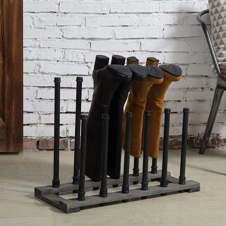 Black Metal Pipe & Grey Wood Freestanding Boot Holder, 6 Pair Shoe Storage Rack-MyGift