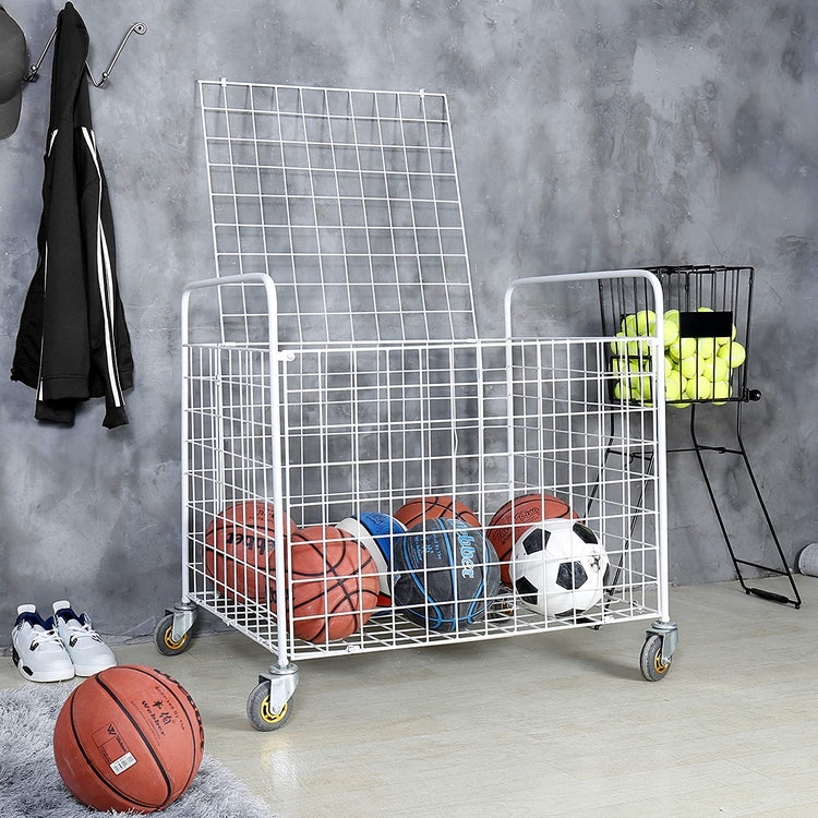 White Standard Multi Sports Rolling Ball Metal Storage Bin For Basketball, Football, Soccer Portable Equipment Cart-MyGift