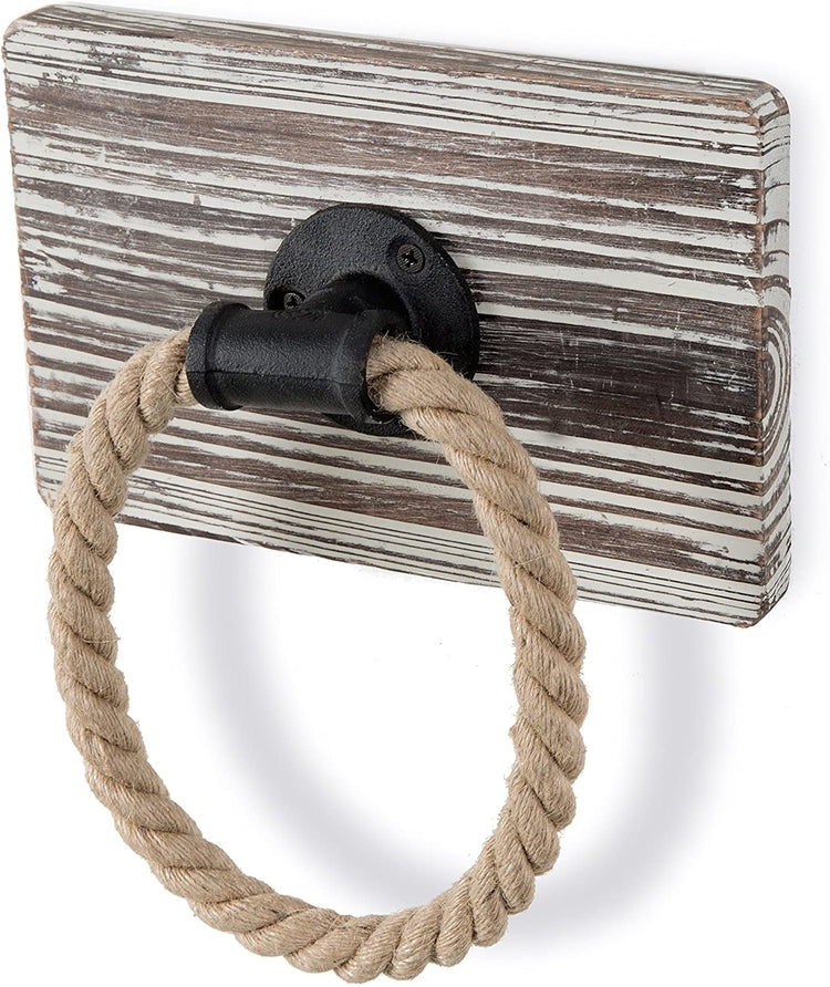 Set of 2 Urban Rustic Wall-Mounted Torched Wood & Rope Towel Rings, Industrial Towel Ring-MyGift