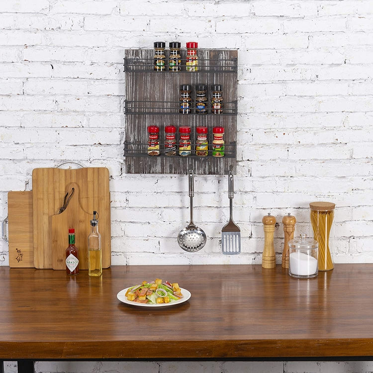 3-Tier Torched Wood and Black Metal Wire Shelves, Wall-Mounted Spice Rack with 6 Hooks-MyGift