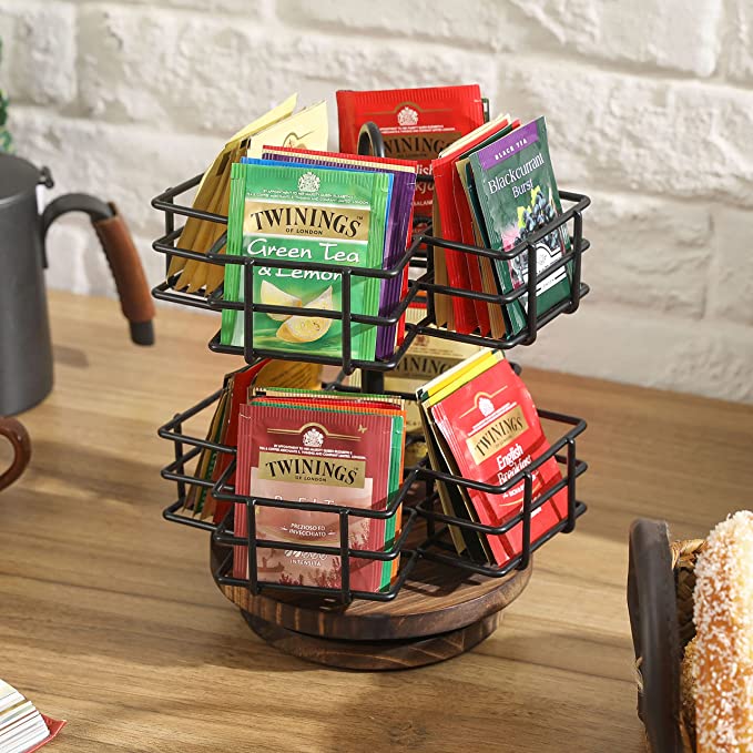 Industrial Matte Black Metal Wire Baskets and Rustic Burnt Wood Carousel Style Tea Bag Organizer Rack Display-MyGift