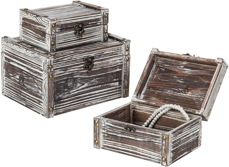 Set of 3, Rustic Torched Wood Nesting Storage Chests, Latching Boxes-MyGift