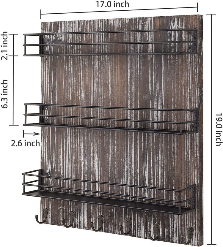 3-Tier Torched Wood and Black Metal Wire Shelves, Wall-Mounted Spice Rack with 6 Hooks-MyGift