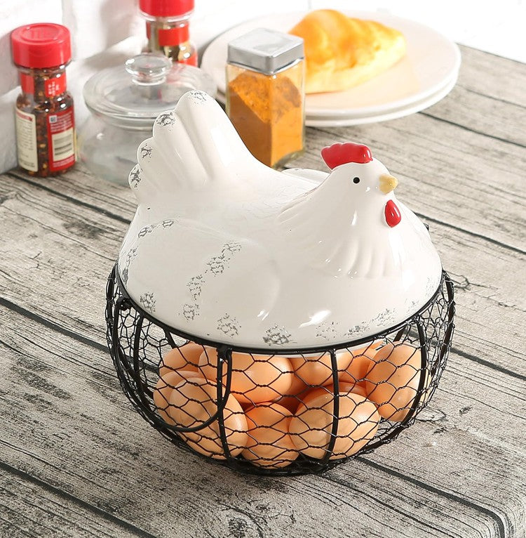 Black Metal Egg Storage Basket with White Ceramic Chicken Top Lid and Handles, Fresh Egg Container Holder - Holds up to 30 Eggs-MyGift