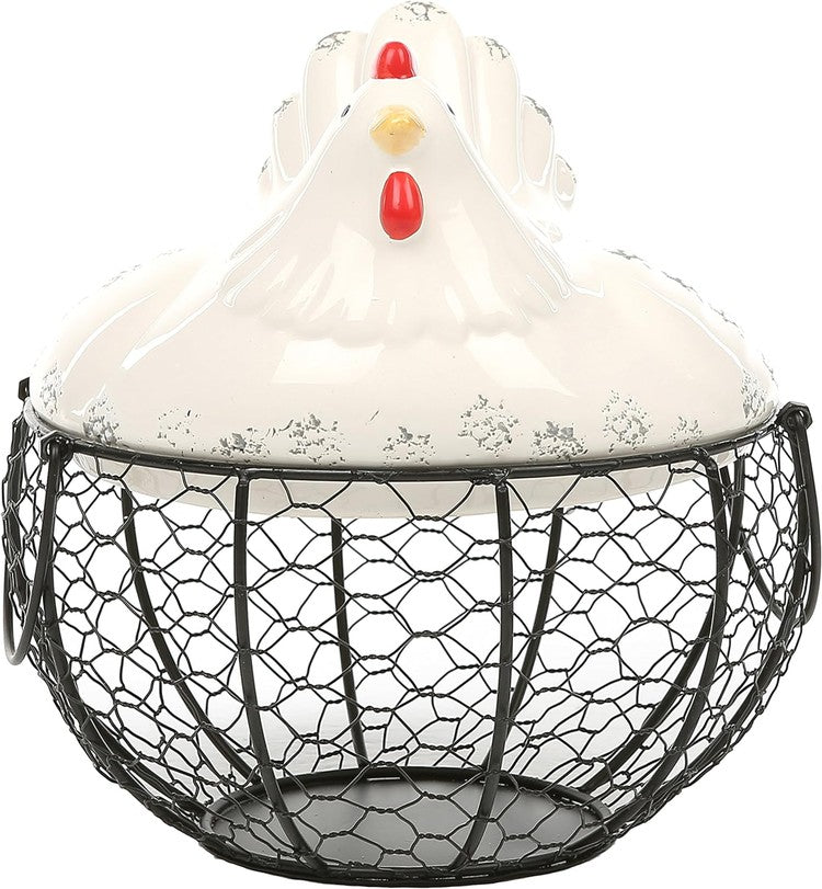 Black Metal Egg Storage Basket with White Ceramic Chicken Top Lid and  Handles, Fresh Egg Container Holder - Holds up to 30 Eggs