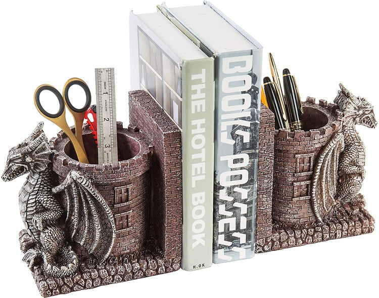 Dragon Guard Castle Decorative Resin Bookends, Stone Colored Pencil Holders-MyGift